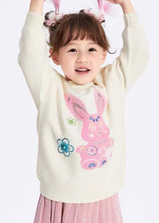 Cute White O-Neck Patchwork Cotton Knit Kids Sweaters Spring