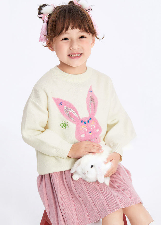 Cute White O-Neck Patchwork Cotton Knit Kids Sweaters Spring