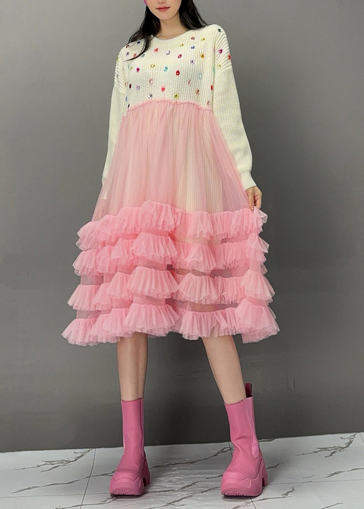 Cute White O-Neck Sequins Knit Patchwork Tulle Maxi Cake Dress Spring