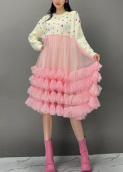 Cute White O-Neck Sequins Knit Patchwork Tulle Maxi Cake Dress Fall