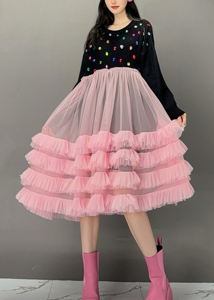 Cute White O-Neck Sequins Knit Patchwork Tulle Maxi Cake Dress Spring