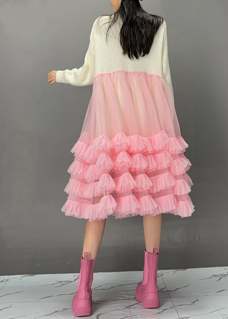 Cute White O-Neck Sequins Knit Patchwork Tulle Maxi Cake Dress Fall