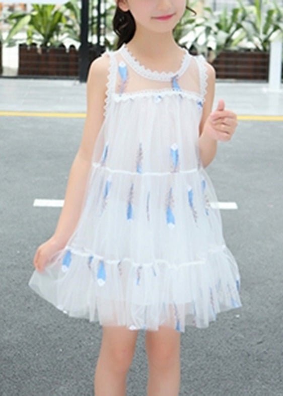 Cute White O-Neck Sequins Patchwork Tulle Girls Mid Dress Summer