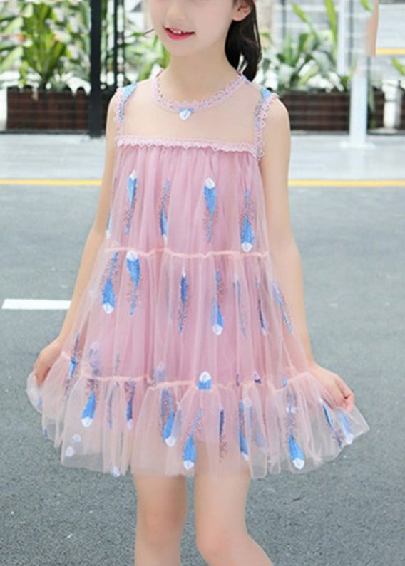 Cute White O-Neck Sequins Patchwork Tulle Girls Mid Dress Summer