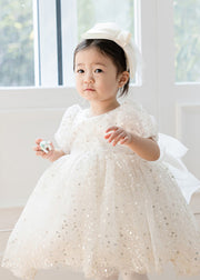 Cute White O-Neck Square Tulle Kids Maxi Dress Summer