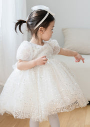 Cute White O-Neck Square Tulle Kids Maxi Dress Summer