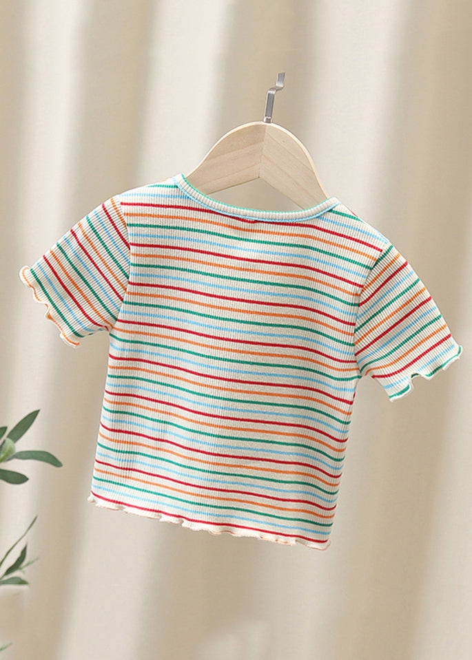 Cute White O-Neck Striped Knit Cotton Girls Top Summer