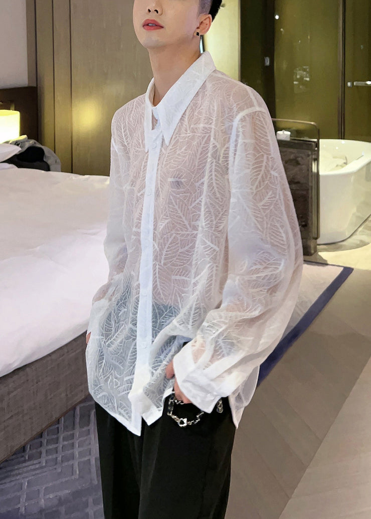 Cute White Print Cotton Mens Shirts Long Sleeve