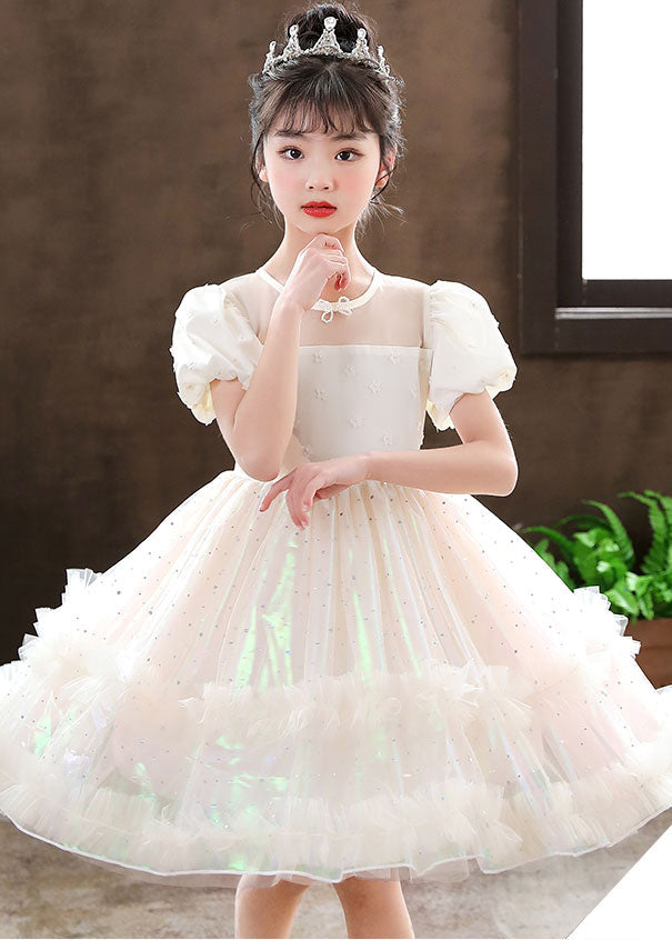 Cute White Puff Sleeve Floral Tulle Kids Girls Dress Summer