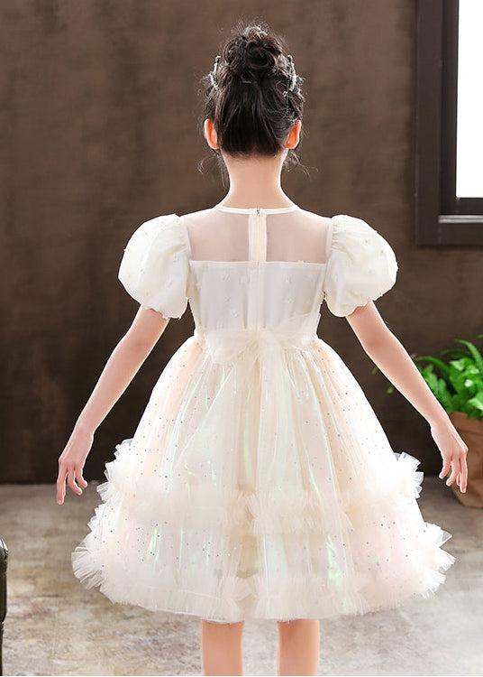 Cute White Puff Sleeve Floral Tulle Kids Girls Dress Summer