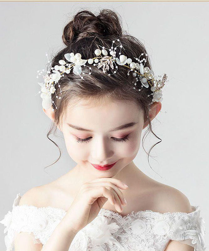 Cute White Tulle Pearl Floral Kids Crown