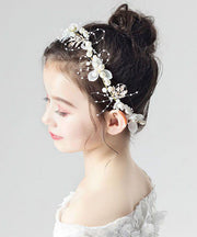 Cute White Tulle Pearl Floral Kids Crown
