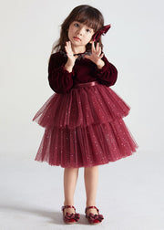 Cute Wine Red Ruffled Tulle Patchwork Warm Fleece Kids Girls Dress Fall