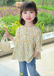 Cute Yellow O-Neck Print Cotton Girls Top Half Sleeve