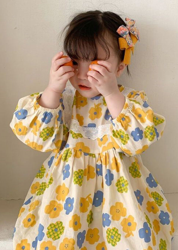 Cute Yellow O Neck Print Cotton Kids Girls Robe Dresses Fall