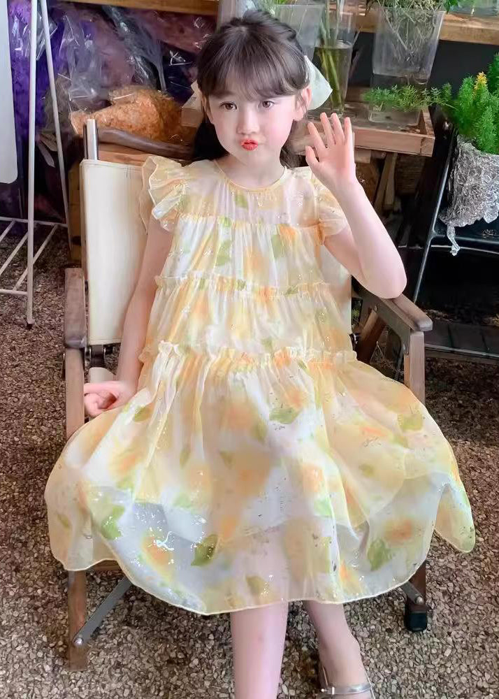 Cute Yellow O-Neck Ruffled Chiffon Girls Long Dress Summer