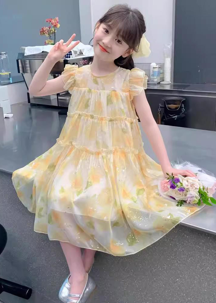 Cute Yellow O-Neck Ruffled Chiffon Girls Long Dress Summer
