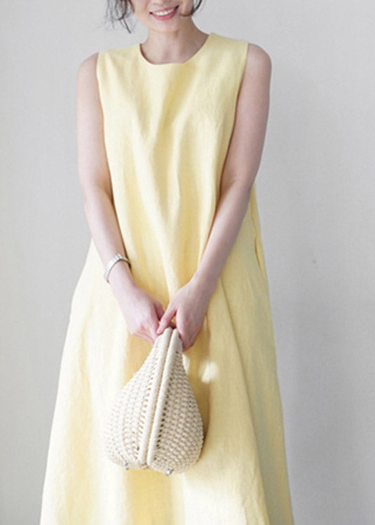 Cute Yellow O-Neck Solid Long Slip Dresses Summer