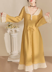 Cute Yellow Peter Pan Collar Tie Waist Hollow Out Long Dress Fall