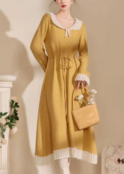 Cute Yellow Peter Pan Collar Tie Waist Hollow Out Long Dress Spring