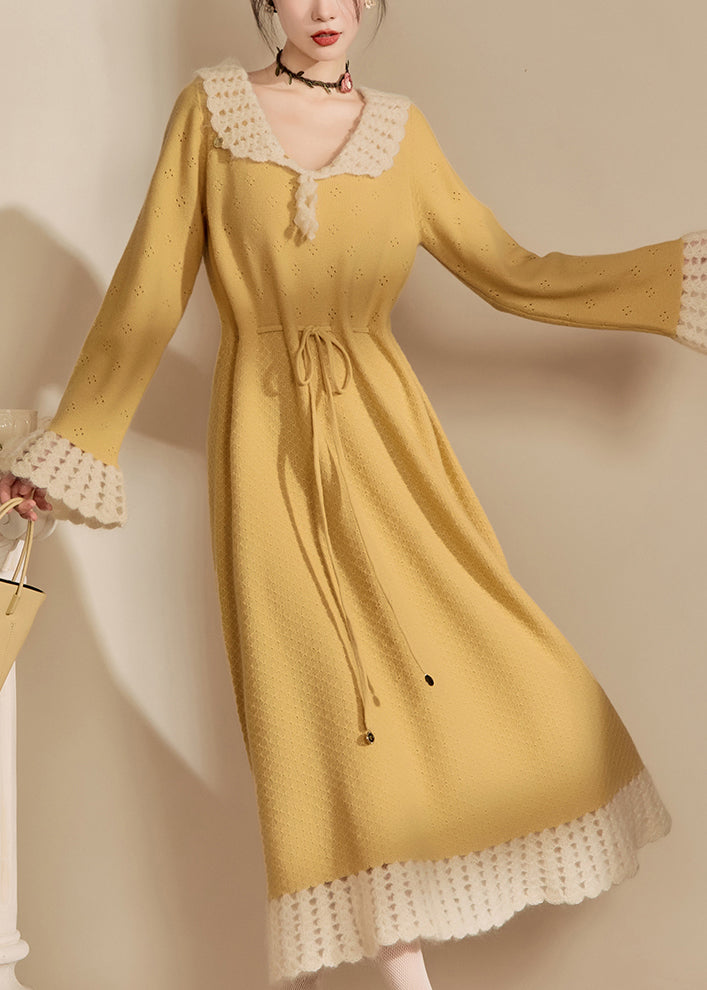 Cute Yellow Peter Pan Collar Tie Waist Hollow Out Long Dress Spring