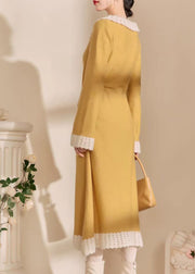 Cute Yellow Peter Pan Collar Tie Waist Hollow Out Long Dress Fall