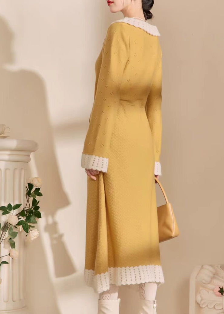 Cute Yellow Peter Pan Collar Tie Waist Hollow Out Long Dress Spring