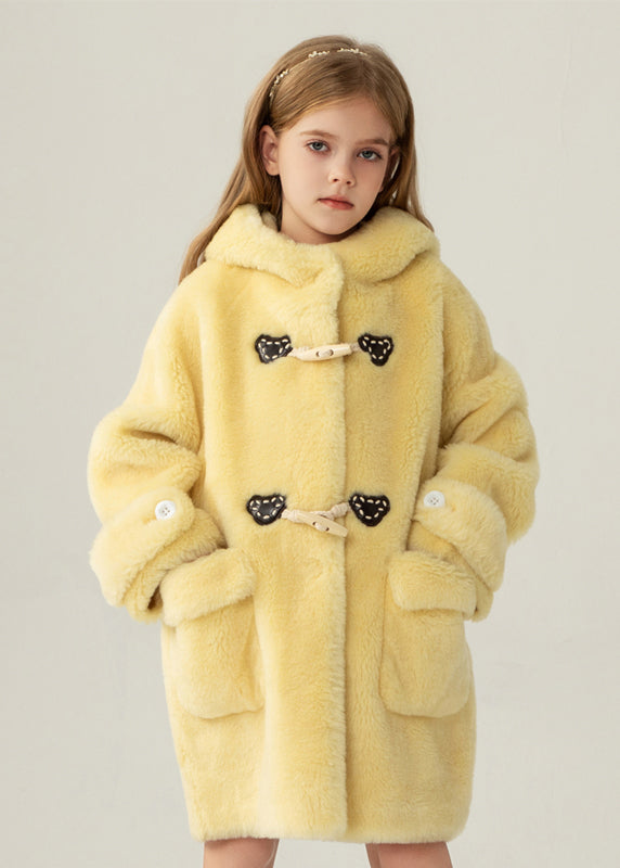 Cute Yellow Pockets Girls Mink Velvet Long Hooded Coat Winter