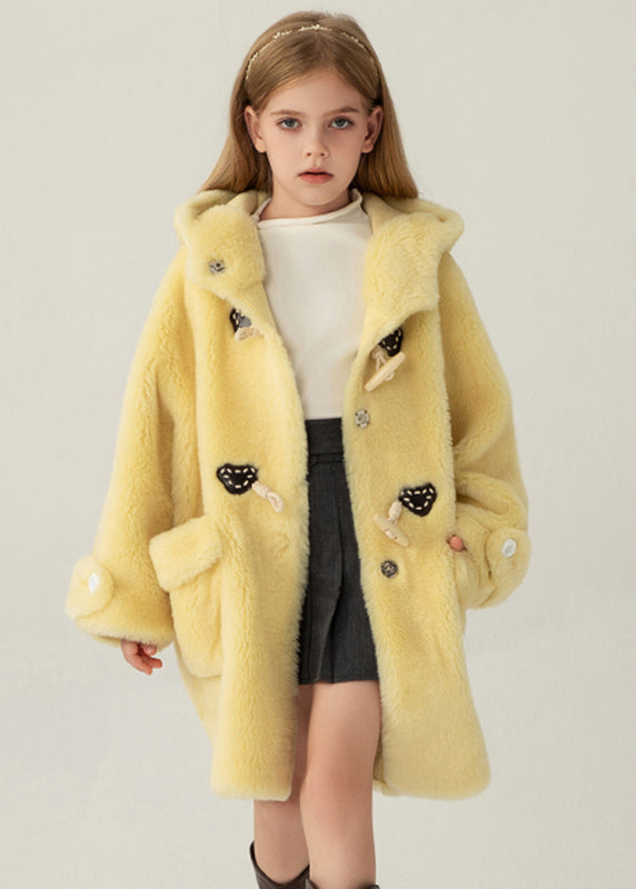 Cute Yellow Pockets Girls Mink Velvet Long Hooded Coat Winter