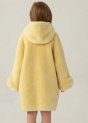 Cute Yellow Pockets Girls Mink Velvet Long Hooded Coat Winter