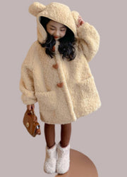 Cute Yellow Pockets Zippered Kids Hoodie Faux Fur Coat Spring