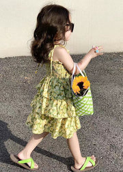 Cute Yellow Print Wrinkled Patchwork Chiffon Baby Girls Sundress Summer