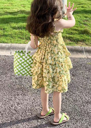 Cute Yellow Print Wrinkled Patchwork Chiffon Baby Girls Sundress Summer