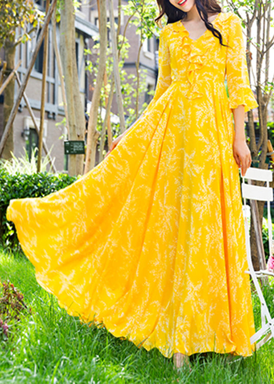 Cute Yellow Ruffled Print Slim Chiffon Maxi Holiday Dress Spring