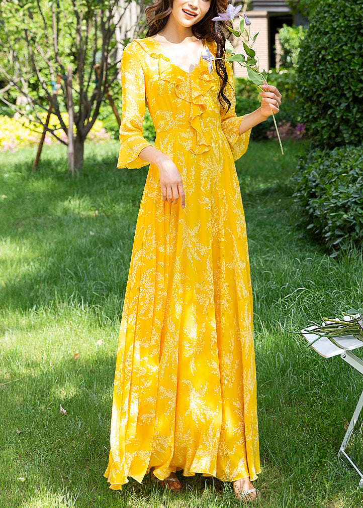 Cute Yellow Ruffled Print Slim Chiffon Maxi Holiday Dress Spring