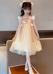 Cute Yellow Slash Neck Embroideried Patchwork Tulle Kids Long Dress Summer