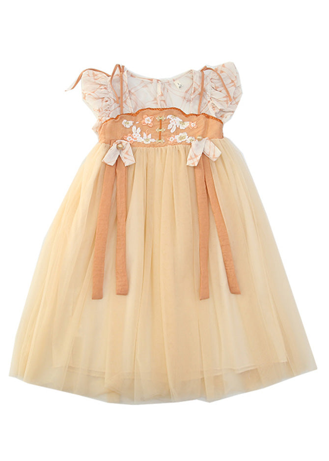 Cute Yellow Slash Neck Embroideried Patchwork Tulle Kids Long Dress Summer