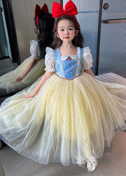 Cute Yellow Square Collar Print Tulle Girls Maxi Holiday Dress Short Sleeve