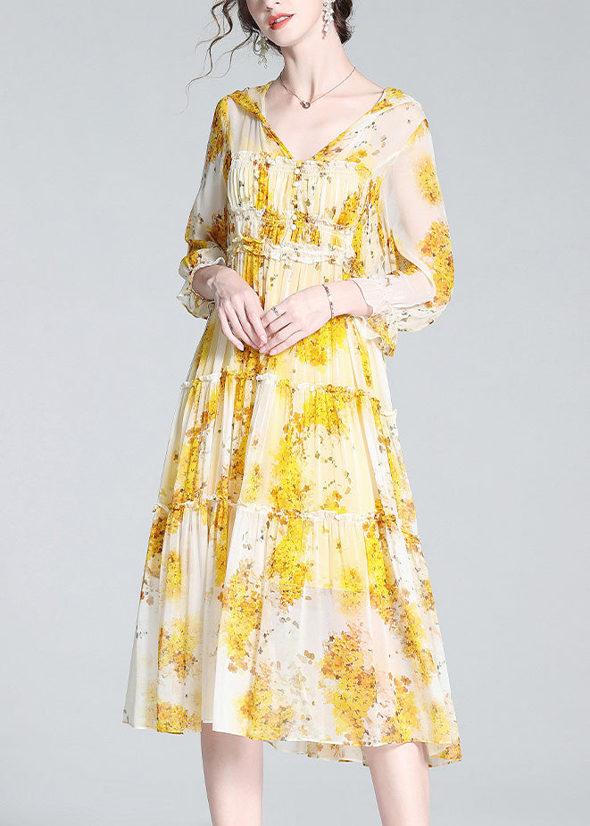 Cute Yellow V Neck Print Patchwork Button Silk Long Dress Spring