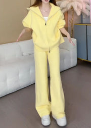 Cute Yellow Zippered Cotton Knit Coats And Wide Leg Pants Two Pieces Set Winter