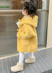 Cute Yellow Zippered Patchwork Kids Faux Fur Long Coat Winter