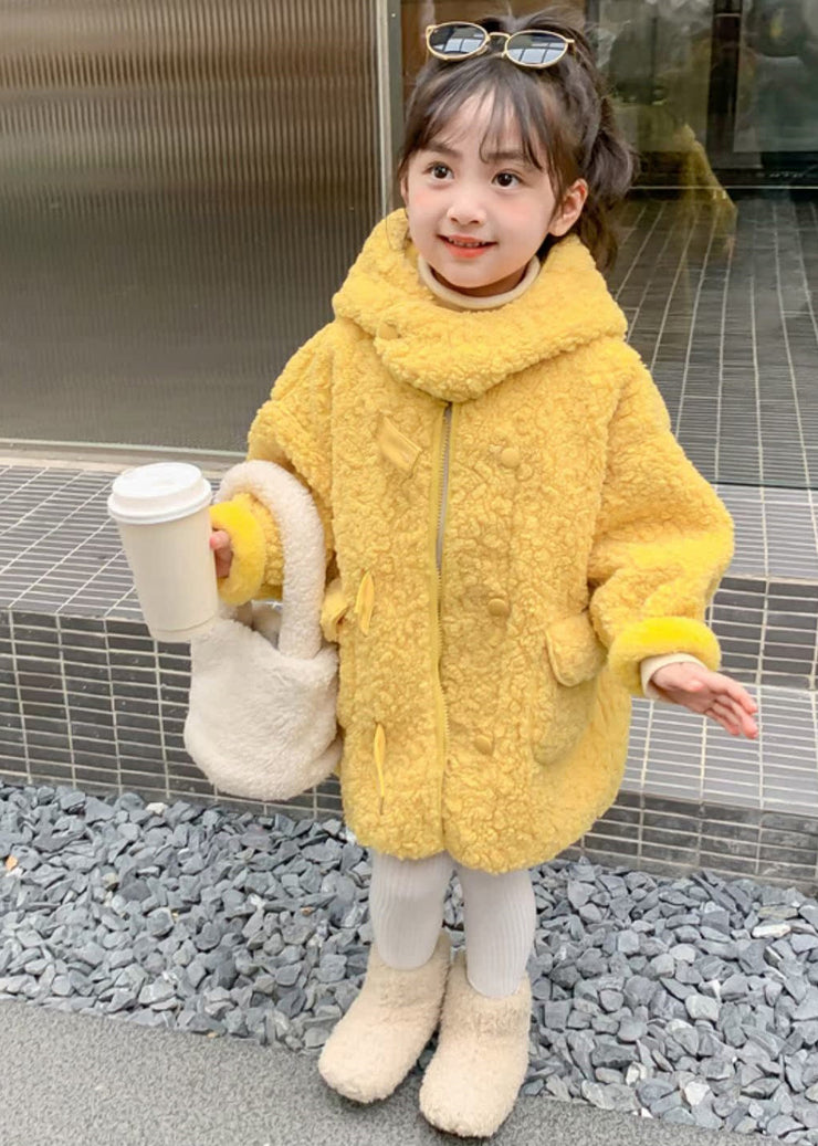 Cute Yellow Zippered Patchwork Kids Faux Fur Long Coat Spring