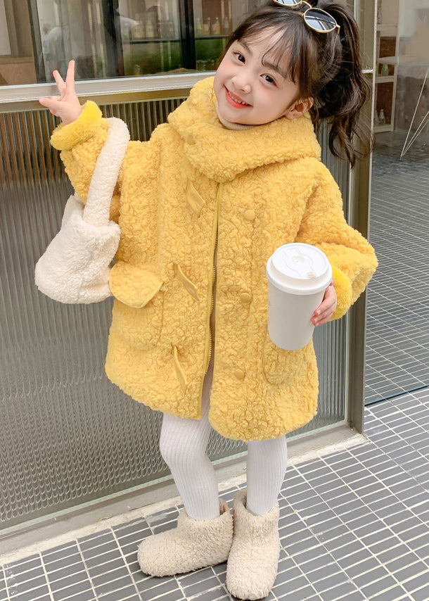 Cute Yellow Zippered Patchwork Kids Faux Fur Long Coat Winter