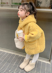 Cute Yellow Zippered Patchwork Kids Faux Fur Long Coat Winter