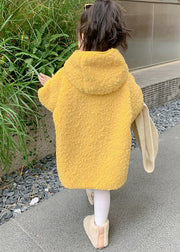 Cute Yellow Zippered Patchwork Kids Faux Fur Long Coat Winter