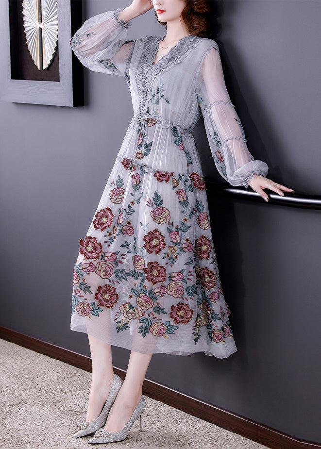 Cyan Ruffled Patchwork Tie Waist Tulle Holiday Long Dress Long Sleeve