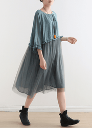 2021 Blue Tull Maxi dresses patchwork chiffon Summer Dresses - SooLinen