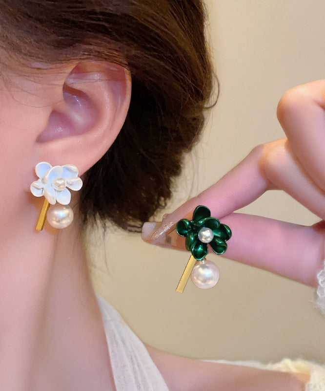 DIY Alloy Asymmetrical Gardenia Flower Pearl Stud Earrings