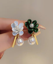 DIY Alloy Asymmetrical Gardenia Flower Pearl Stud Earrings