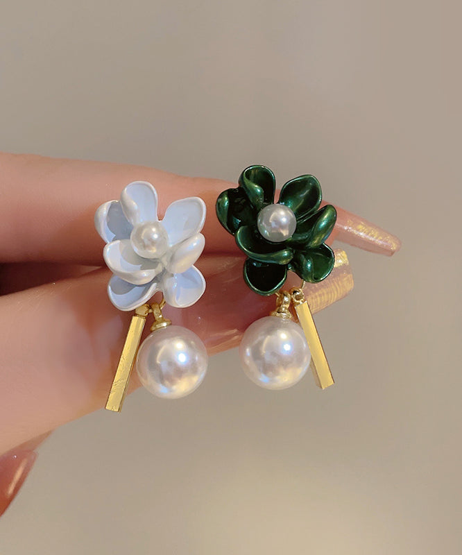 DIY Alloy Asymmetrical Gardenia Flower Pearl Stud Earrings